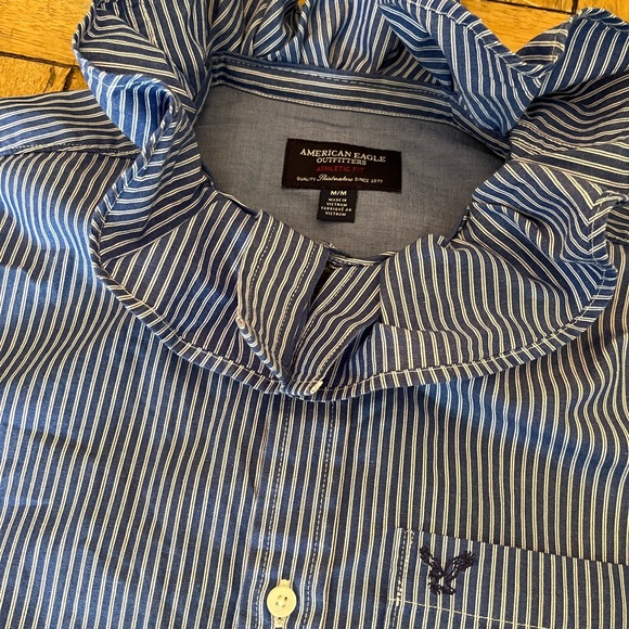 Woman’s Up-Cycled Ruffle Collar Blue Striped Button-Down Shirt with Pocket - Picture 2 of 9